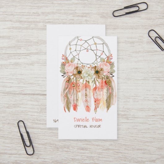 Carte De Visite Boho Tribal Dream Catcher Flèches Plumes fleurs (Devant/Arrière en situation)