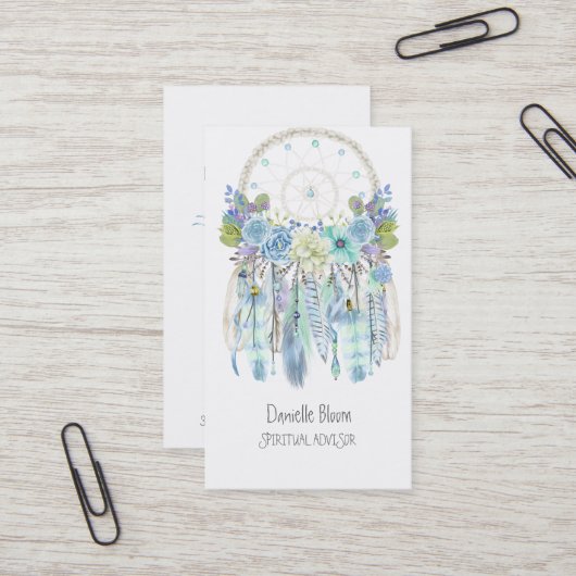Carte De Visite Boho Tribal Dream Catcher Flèches Plumes fleurs (Devant/Arrière en situation)