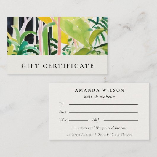 Carte De Visite Boho Tropical Foliage Botanical Gift Certificate (Devant / Derrière)