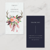 CARTE DE VISITE BOHO WOOD FLORAL FEATHER ANTLER MARIAGE MERCI (Devant / Derrière)