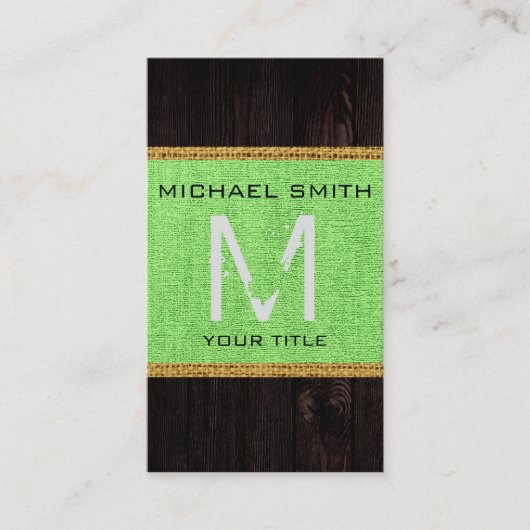 Carte De Visite Bois Look Lime Burlap vert Monogramme rustique (Devant)