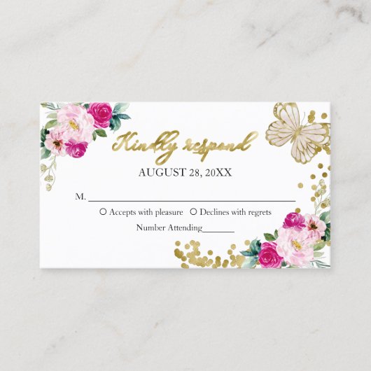 Carte De Visite Boîtier RSVP Sweet 16 à papillon rose chaud (Devant)