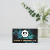 Carte De Visite Bokeh Turquoise noir moderne avec Qr et Logo (Debout devant)