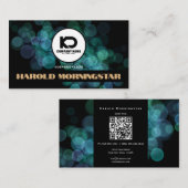 Carte De Visite Bokeh Turquoise noir moderne avec Qr et Logo (Devant / Derrière)