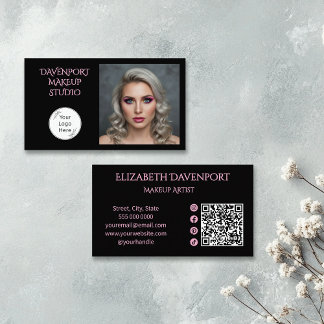 Carte De Visite Bold Black and Blush Pink Social Icon QR Code