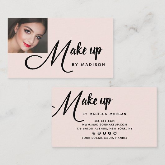 Carte De Visite Bold Black Script Blush Pink Photo Makeup Business