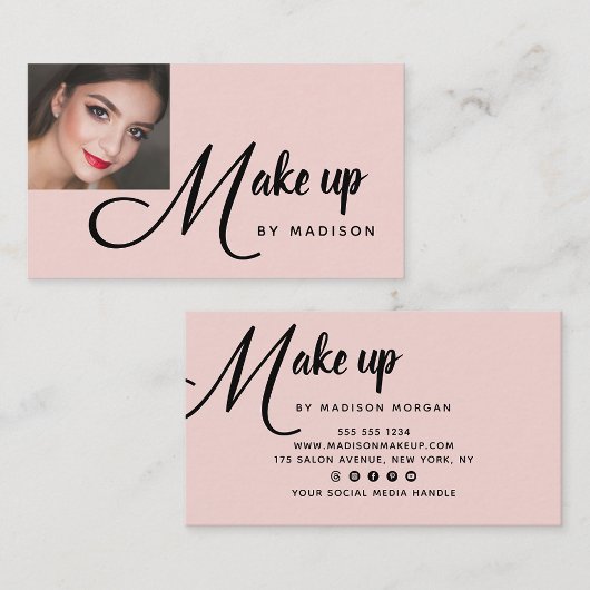 Carte De Visite Bold Black Script Blush Pink Photo Makeup Business