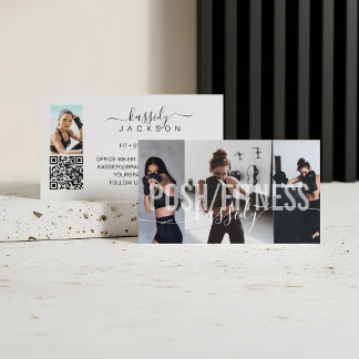 Carte De Visite Bold Fitness Trainer Photo Collage Nom du script Q