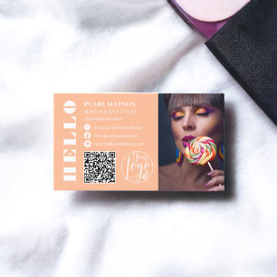 Carte De Visite Bold hello peach Qr photo logo social