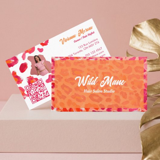 Carte De Visite Bold Pink Orange Cheetah Leopard Print QR Code