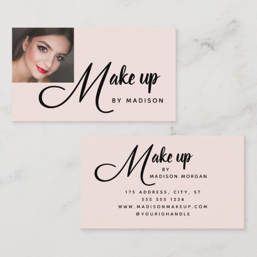 Carte De Visite Bold Script Blush Pink Photo Makeup Business Card (Devant / Derrière)