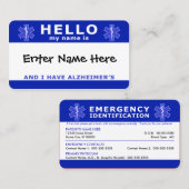 Carte De Visite BONJOUR j'ai une identification alzheimers (Devant / Derrière)