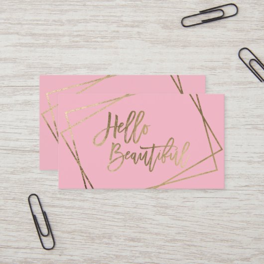 Carte De Visite Bonjour magnifique faux script or rose géométrique (Devant/Arrière en situation)