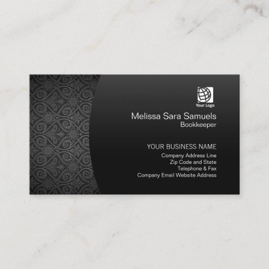 Carte De Visite Bookkeeper Finance Services Elegant Black Damask (Devant)