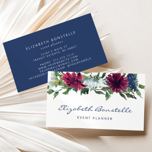 Carte De Visite Bordeaux Bleu Marine Floral Aquarelle