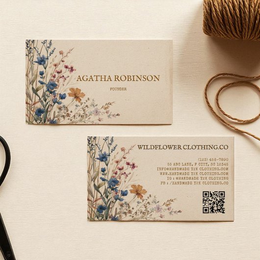 Carte De Visite Bordure beige Boho rustique Fleur sauvage