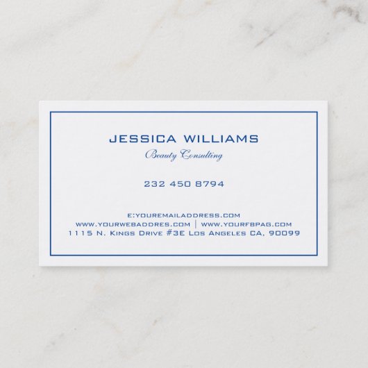 Carte De Visite Bordure Bleue Tin Simple Et Moderne En Blanc (Dos)