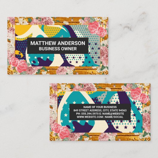 Carte De Visite Bordure d'ossature or | Fleurs d'Art Moderne (Devant / Derrière)