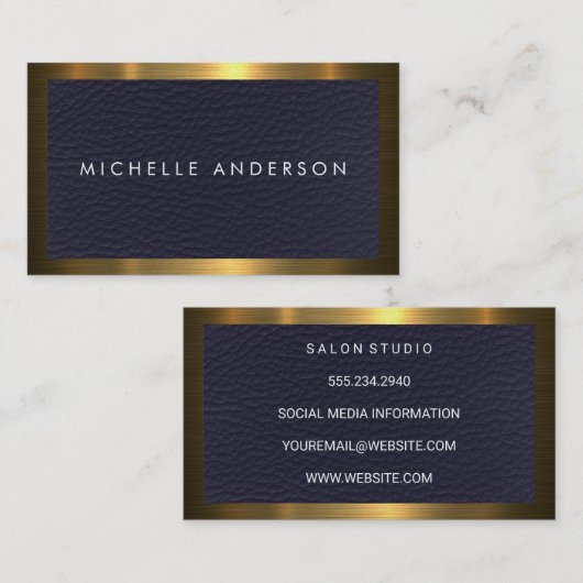 Carte De Visite Bordure métallique or | Texture en cuir bleu (Devant / Derrière)