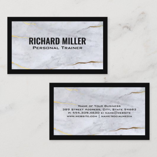 Carte De Visite Bordure noire | Arrière - plan de texture en marbr (Devant / Derrière)