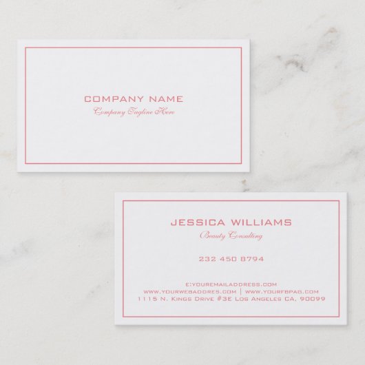 Carte De Visite Bordure rose Tin Simple Et Moderne En Blanc (Devant / Derrière)