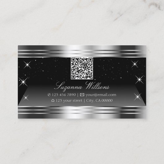 Carte De Visite Bordures brillantes en argent noir avec code QR (Dos)