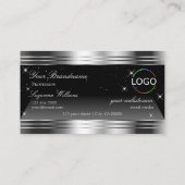 Carte De Visite Bordures brillantes en argent noir avec logo chic (Dos)