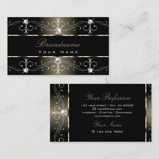 Carte De Visite Bordures Ornées Noir Beige Joyaux Ornements (Devant / Derrière)