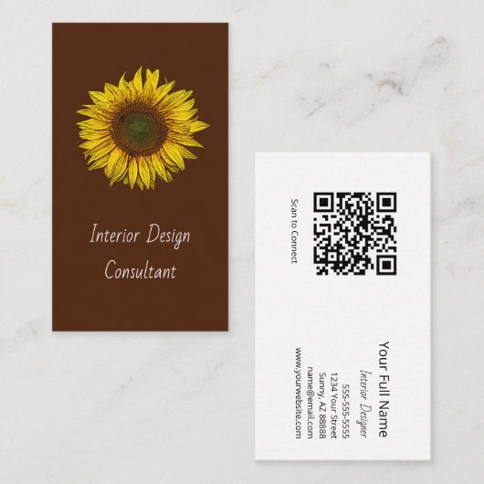 Carte De Visite Botanical Sunflower QR code Designer Rustic (Devant / Derrière)