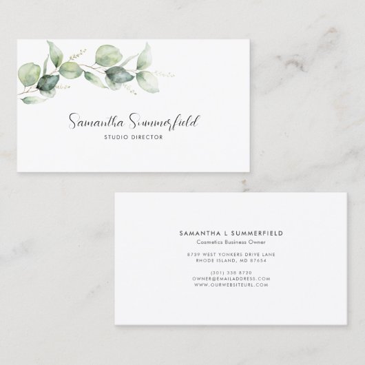 Carte De Visite Botanique Eucalyptus Greenery Script Manager (Devant / Derrière)