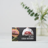 Carte De Visite Boucher tenant de la viande | Steak sur bois (Debout devant)