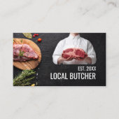 Carte De Visite Boucher tenant de la viande | Steak sur bois (Devant)