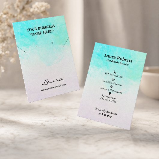 Carte De Visite Boucle d'oreille en clou aquarelle bleu aqua abstr