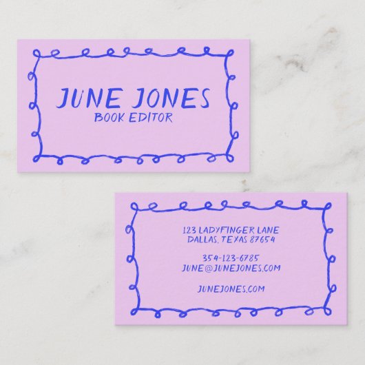 Carte De Visite Boucles artisanales Doodé Brush épais blanc violet (Devant / Derrière)