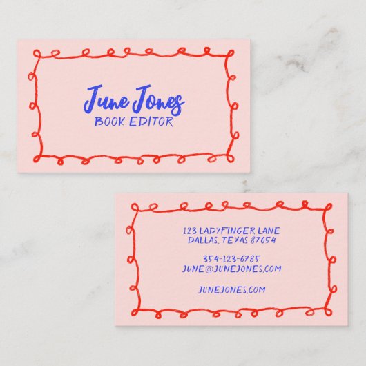 Carte De Visite Boucles faites main Doodle Whimsical Enky Rouge bl (Devant / Derrière)