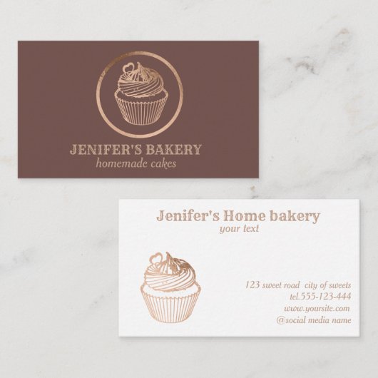 Carte De Visite Bouilloire rose cannelle en feuille d'or cupcake b (Devant / Derrière)
