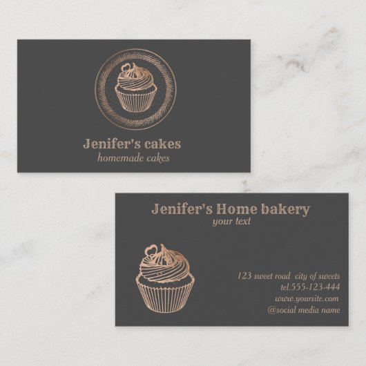 Carte De Visite Bouilloire rose moderne en feuille d'or cupcake (Devant / Derrière)