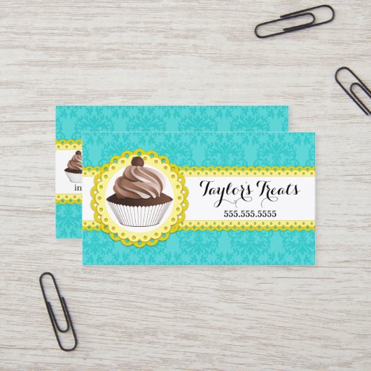 Carte De Visite Boulangerie Cupcake Damask Frontale à échalotes (Devant/Arrière en situation)