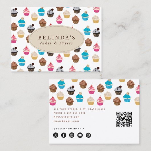 Carte De Visite Boulangerie Cupcakes Sweets Baking QR Code Social (Devant / Derrière)