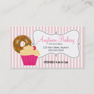 Carte De Visite Boulangerie de beignets, cupcake et rayures roses