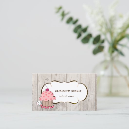 Carte De Visite Boulangerie de Cupcake romantique, Texture de Bois (Debout devant)