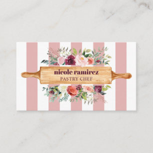 Carte De Visite Boulangerie florale Burgundy rayée de la pâtisse