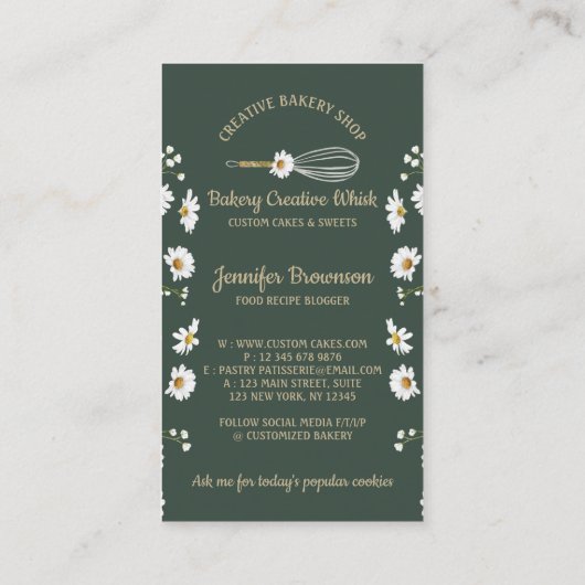 Carte De Visite Boulangerie Green Daisy Whisk Rustique Floral (Dos)