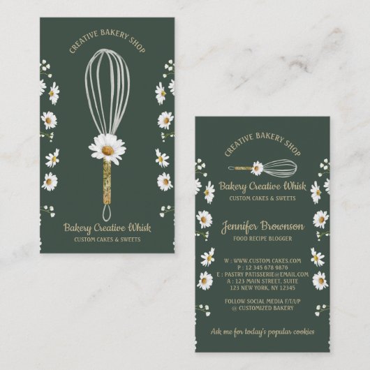 Carte De Visite Boulangerie Green Daisy Whisk Rustique Floral (Devant / Derrière)