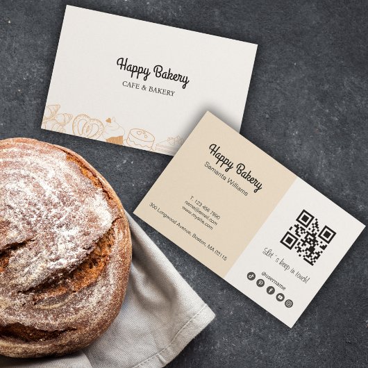 Carte De Visite Boulangerie Icônes Beiges Code Qr Médias sociaux