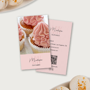 Carte De Visite Boulangerie Monogram Logo Cupcake Photo QR Rose