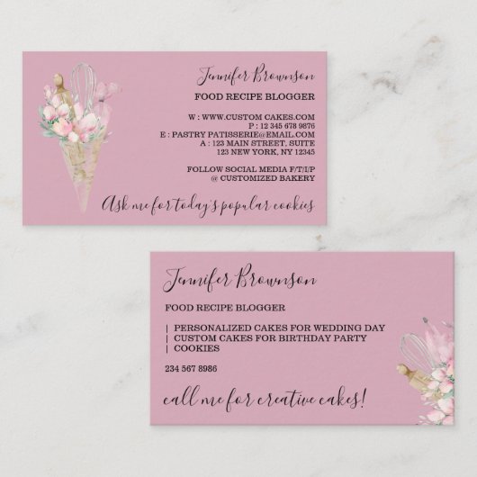 Carte De Visite Boulangerie Pâtisserie Fleurs Boho Chef créatif ro (Devant / Derrière)