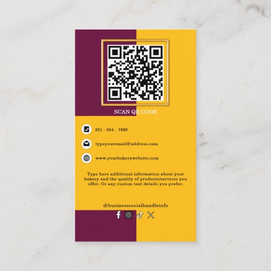 Carte De Visite Boulangerie pourpre bordeaux et jaune Code QR Marq (Dos)
