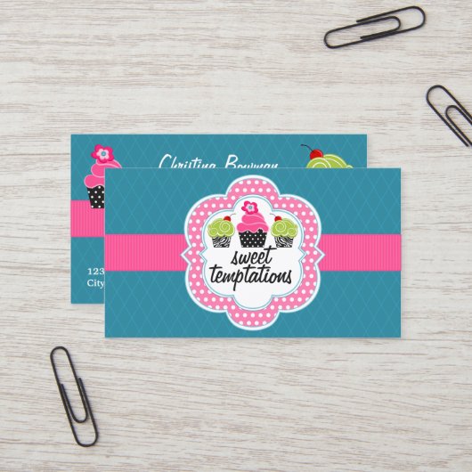 Carte De Visite Boulangerie turquoise rose de petit gâteau (Devant/Arrière en situation)
