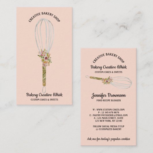 Carte De Visite Boulangerie Whisk Rustique Floral Blush Rose (Devant / Derrière)